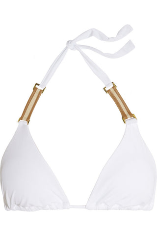 Solid faux leather and canvas-detailed bikini top